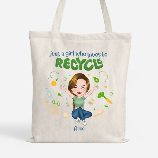 1298BUS1 personalized just a girl who loves to recycle tote bag