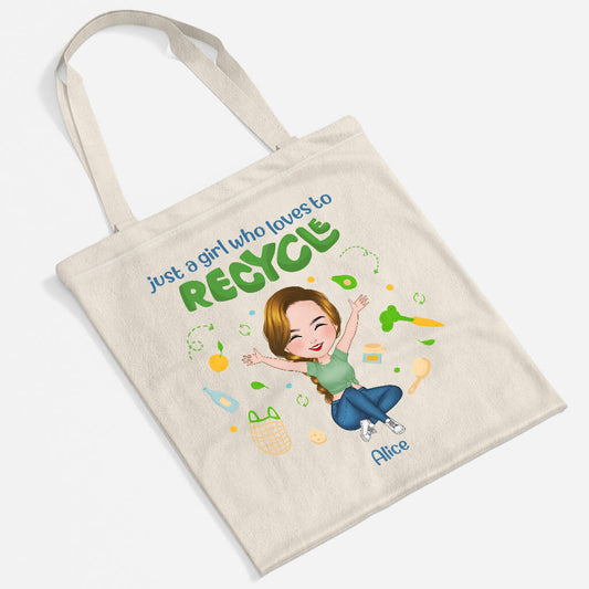 1298BUS2 personalized just a girl who loves to recycle tote bag