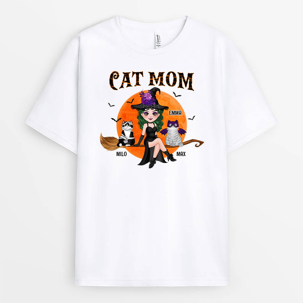 1310AUS1 personalized cute cat mom with broom t shirt
