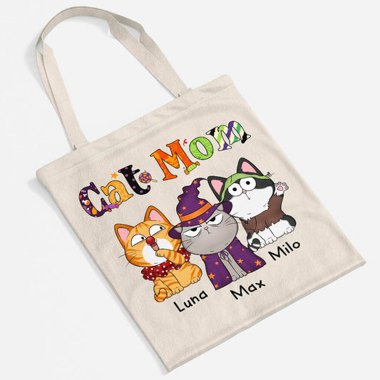 1311BUS2 personalized halloween cat mom tote bag