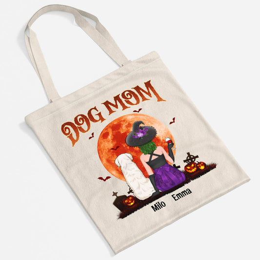 1322BUS2 personalized halloween dog mom red moon tote bag