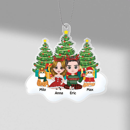 1406OUS1 personalized couple and cats sitting on snow christmas tree ornament
