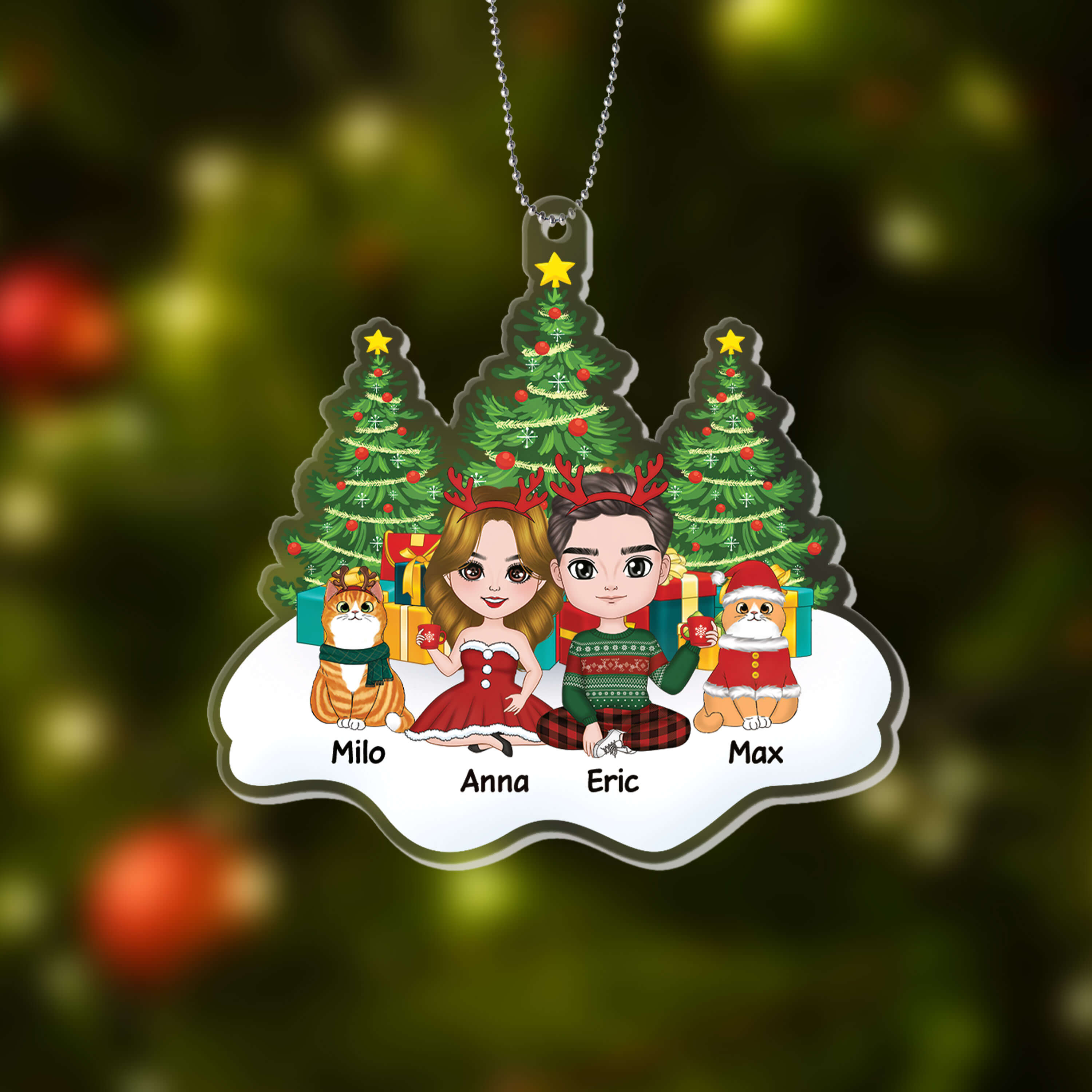 1406OUS2 personalized couple and cats sitting on snow christmas tree ornament