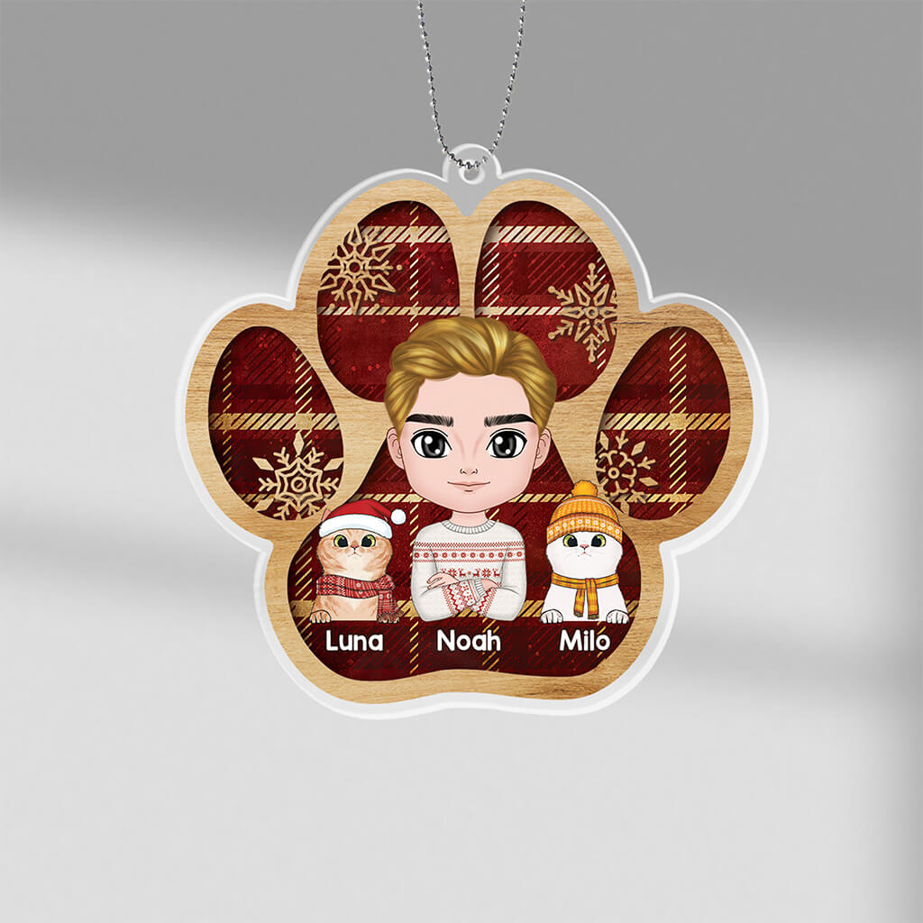 1407OUS1 personalized couple and cats sitting on snow christmas tree ornament