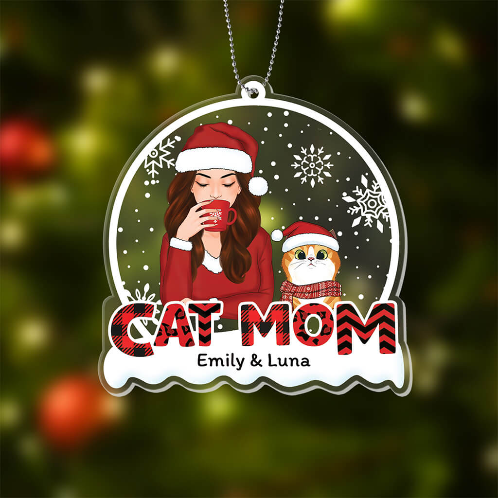 1408OUS2 personalized cat mom red patterned christmas ornament