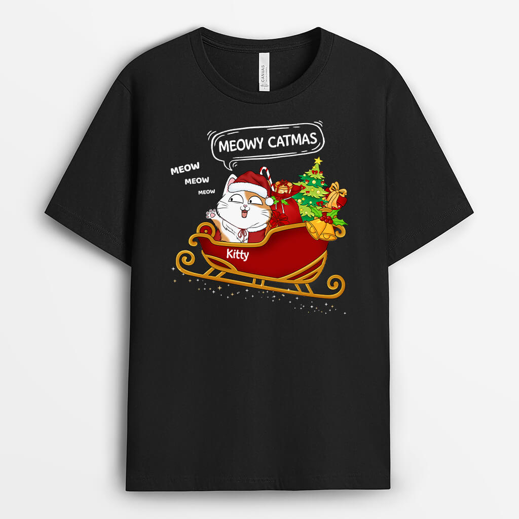1431AUS1 personalized meowy catmas on a sleigh t shirt