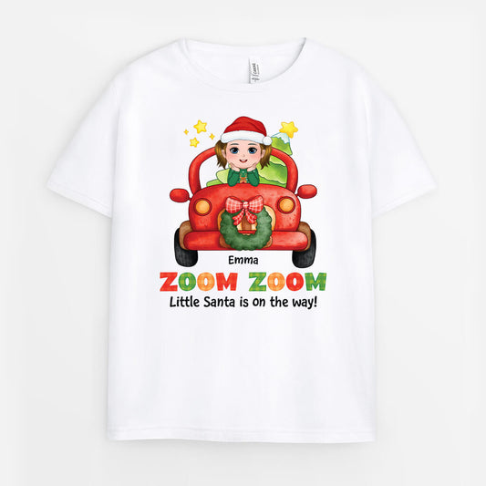 1453AUS1 personalized zoom zoom_ little santa is on the way kids t shirt