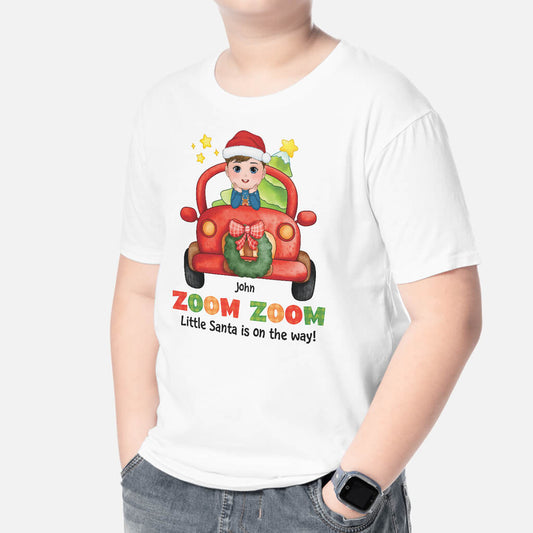 1453AUS2 personalized zoom zoom_ little santa is on the way kids t shirt
