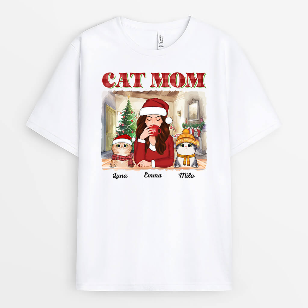 1544AUS1 personalized cat mom sipping christmas t shirt