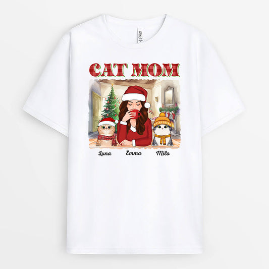 1544AUS1 personalized cat mom sipping christmas t shirt