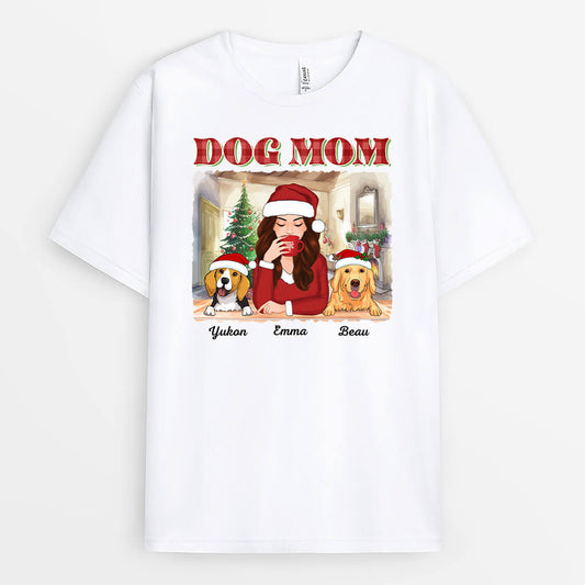 1544AUS1 personalized dog mom sipping christmas t shirt