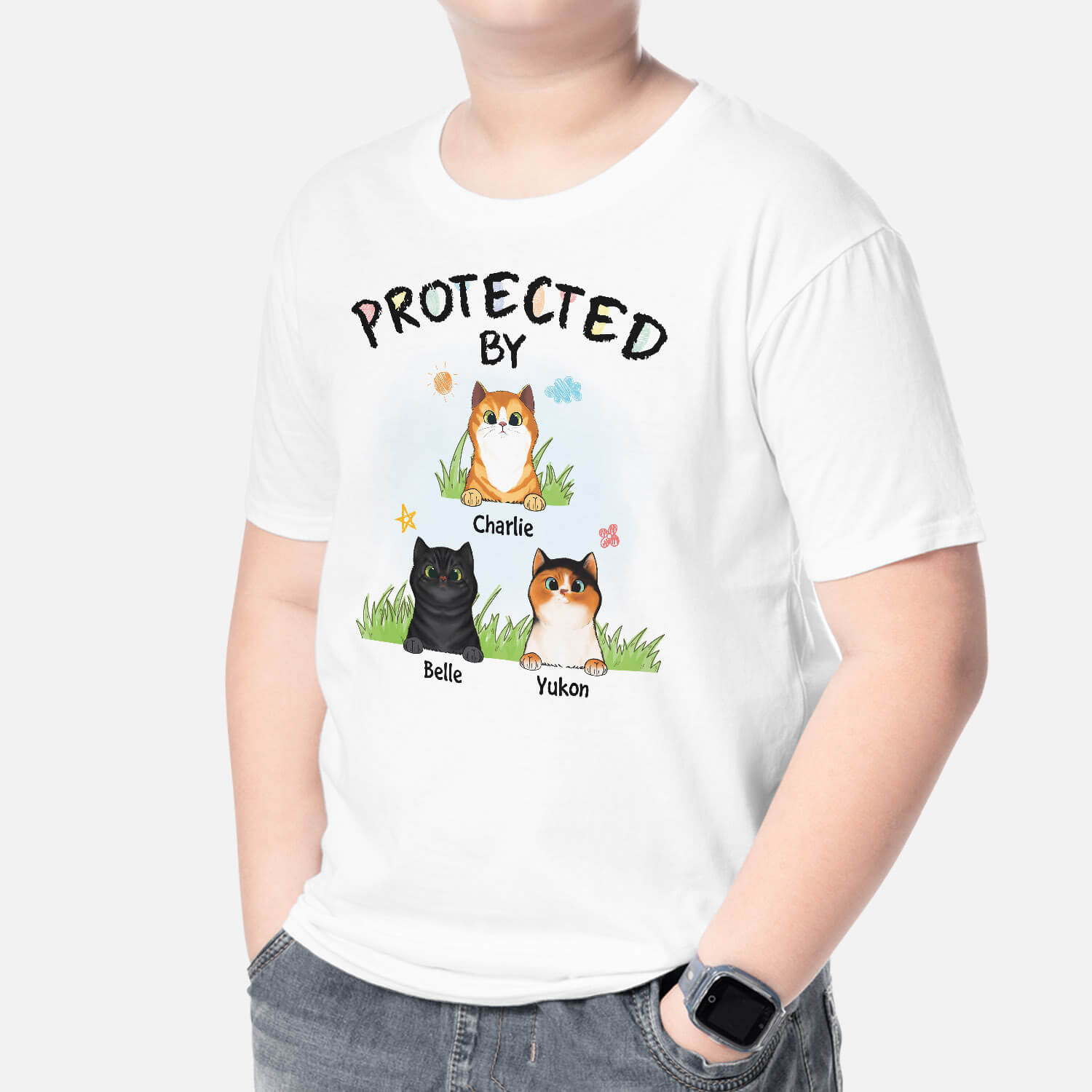 1664AUS2 personalized protected by cats kid t shirt