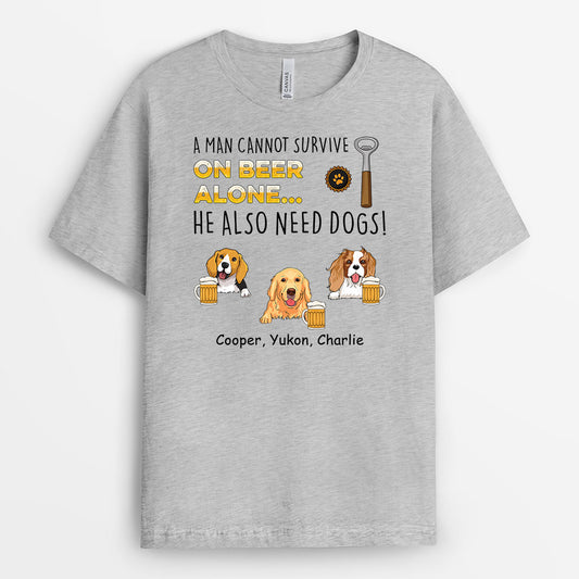 1681AUS1 personalized a man cannot survive on beer alone dogs t shirt