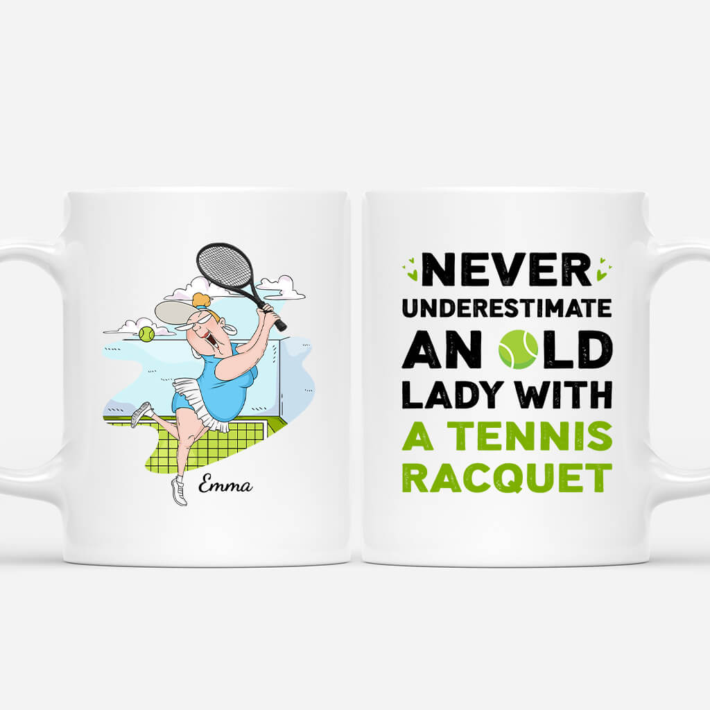 1847MUS1 personalized never underestimate an old lady with a tennis racquet mug