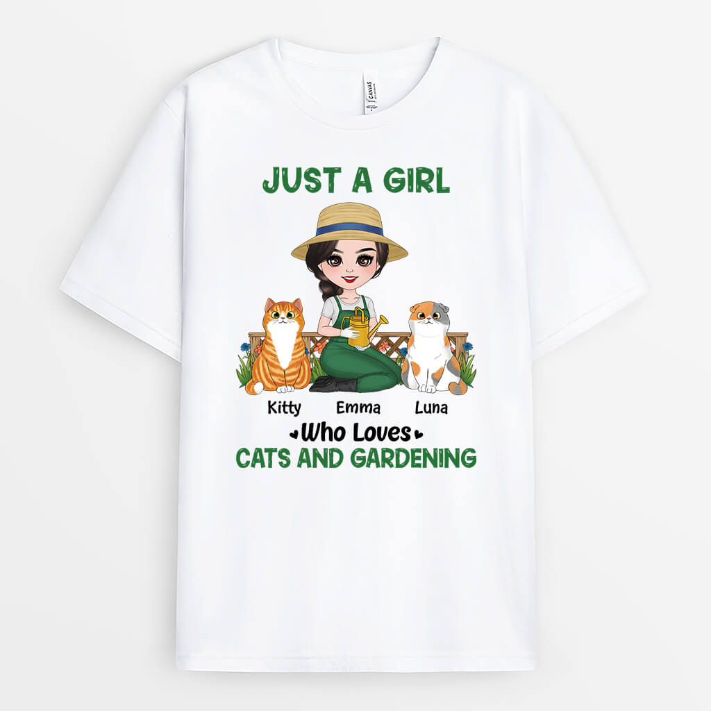 1859AUS1 personalized just a woman who loves cats and gardening t shirt