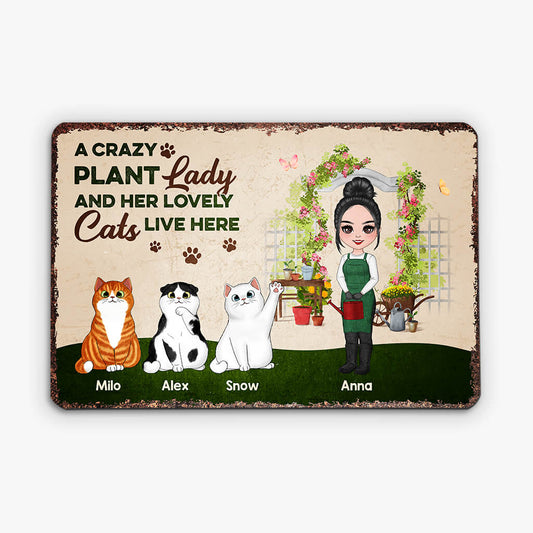 1863EUS1 personalized a crazy plant lady and her lovely cats live here metal sign