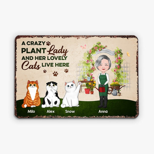 1863EUS2 personalized a crazy plant lady and her lovely cats live here metal sign