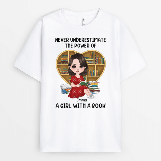 1867AUS1 personalized never underestimate the power of a woman with a book t shirt