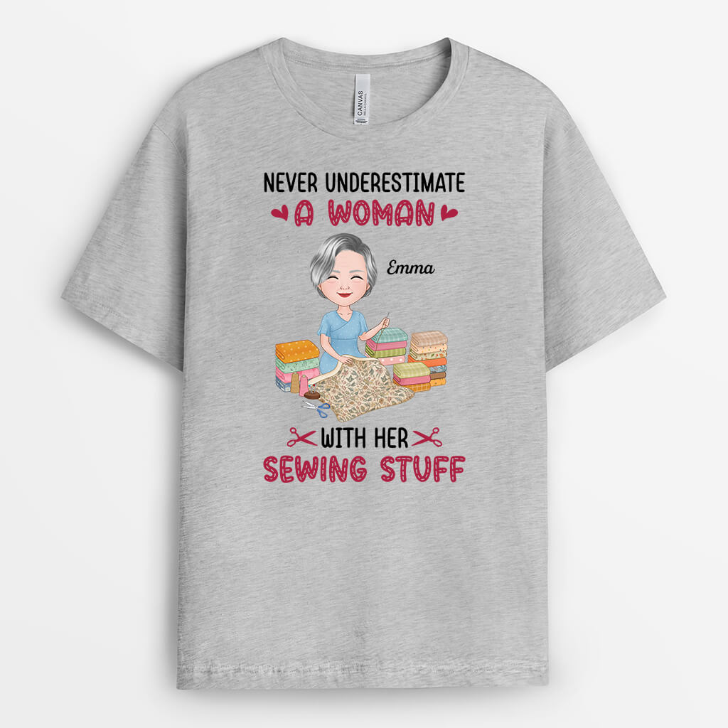 1904AUS2 personalized never underestimate a woman with her sewing stuff t shirt