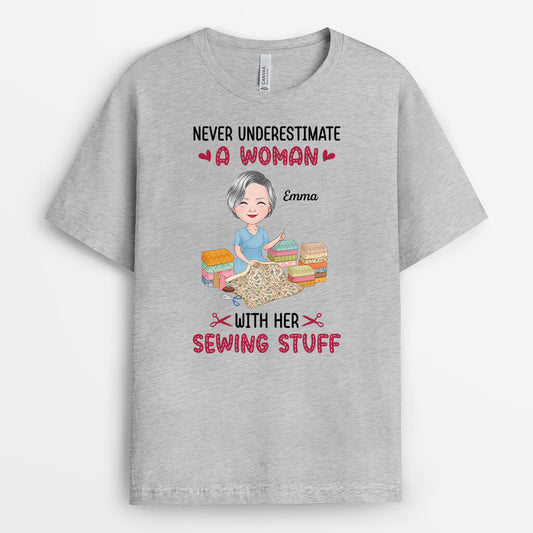 1904AUS2 personalized never underestimate a woman with her sewing stuff t shirt