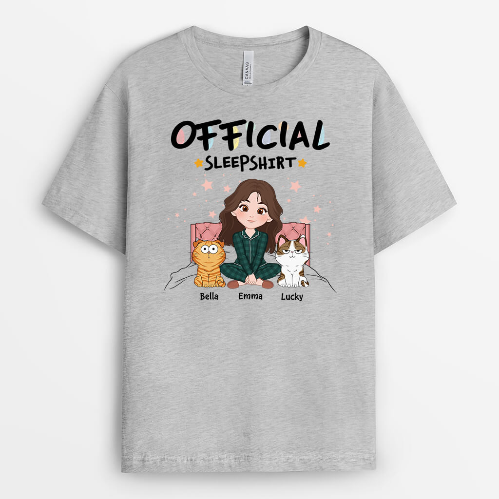 3359US1 official sleepshirt with girl and cats sitting on bed t shirt  personalized gifts for cat lovers