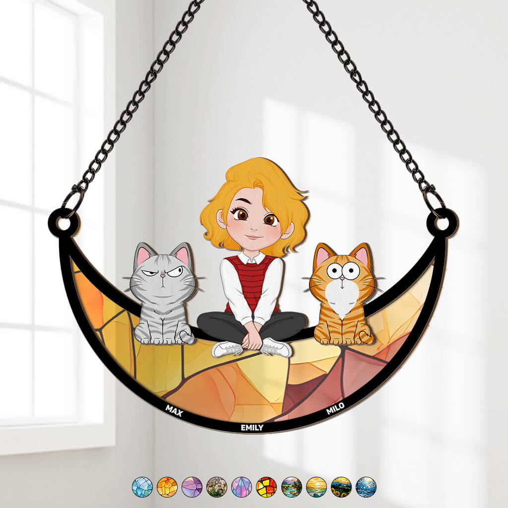 3795UUS1 girl and cat sitting on the moon window hanging suncatcher ornament   personalized gifts for cat lovers 3795U5H0D