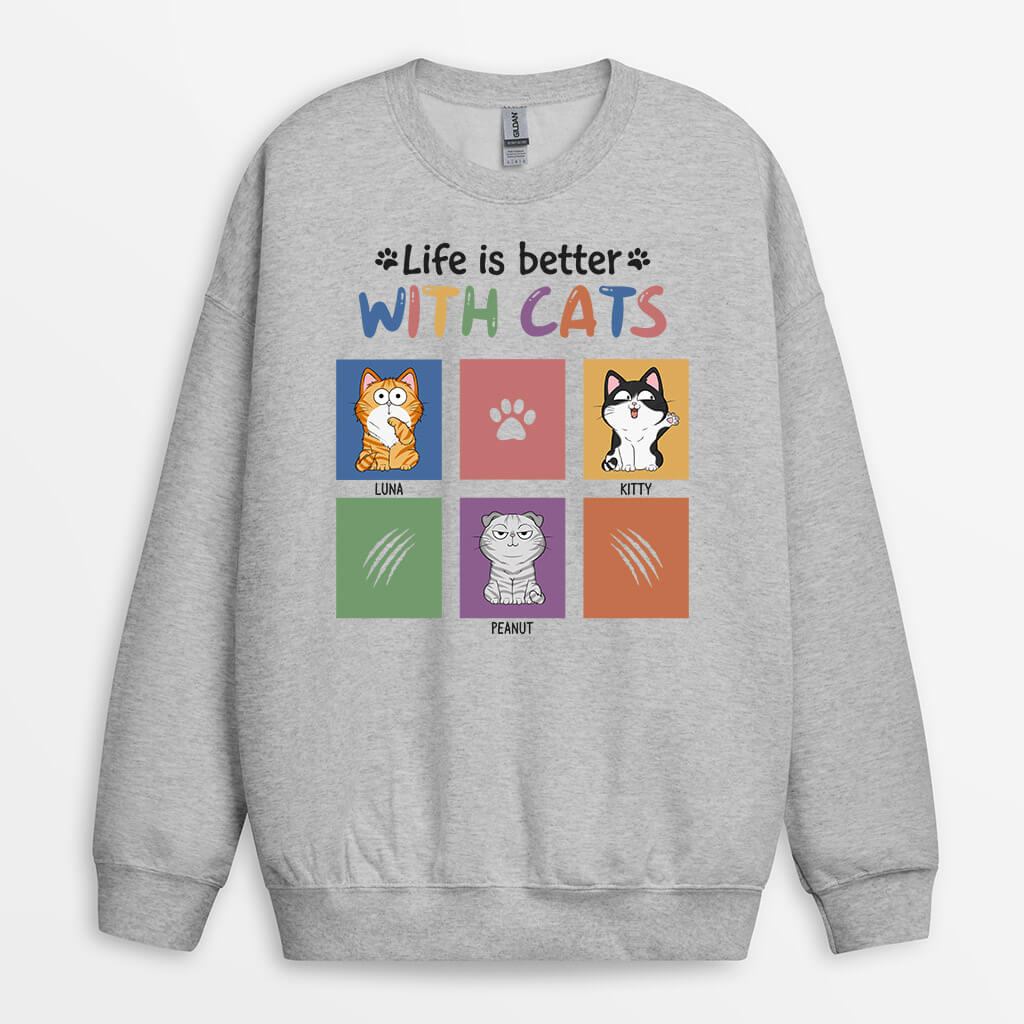 1299WUS1 personalized life is much better with cats sweatshirt