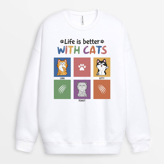 1299WUS2 personalized life is much better with cats sweatshirt
