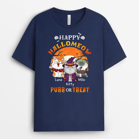 1302AUS2 personalized happy hallomeow purr or treat t shirt