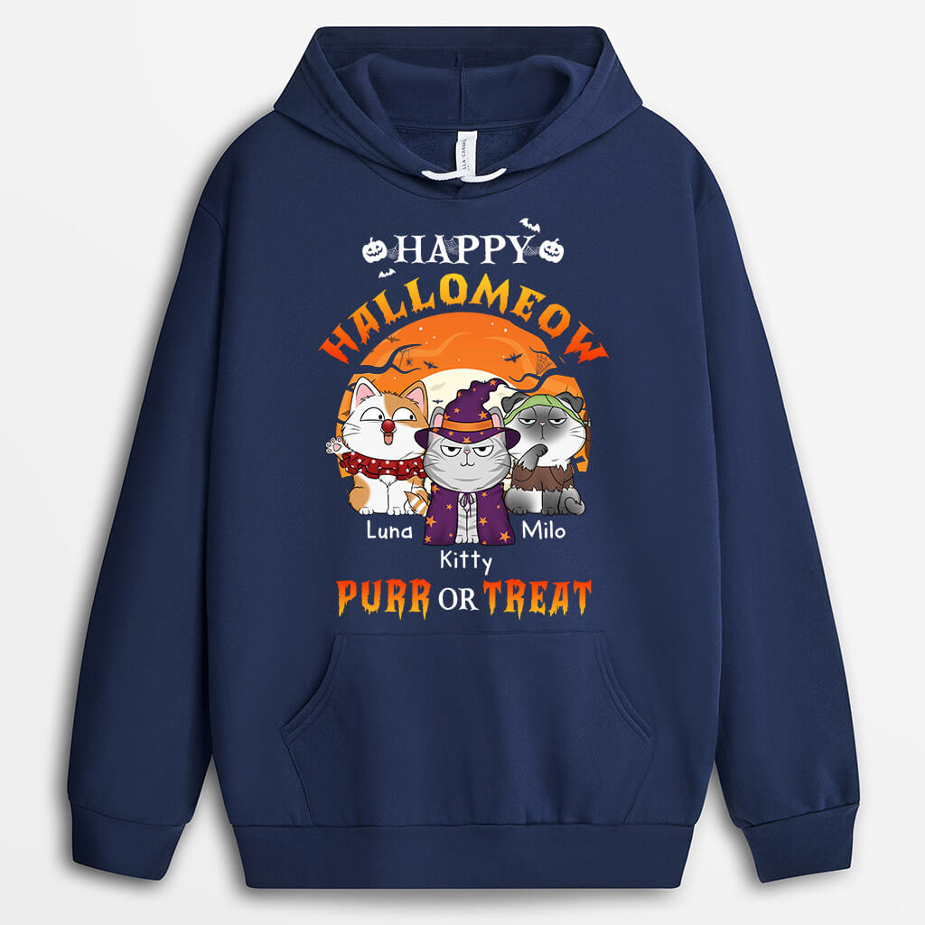 1302HUS1 personalized happy hallomeow purr or treat hoodie