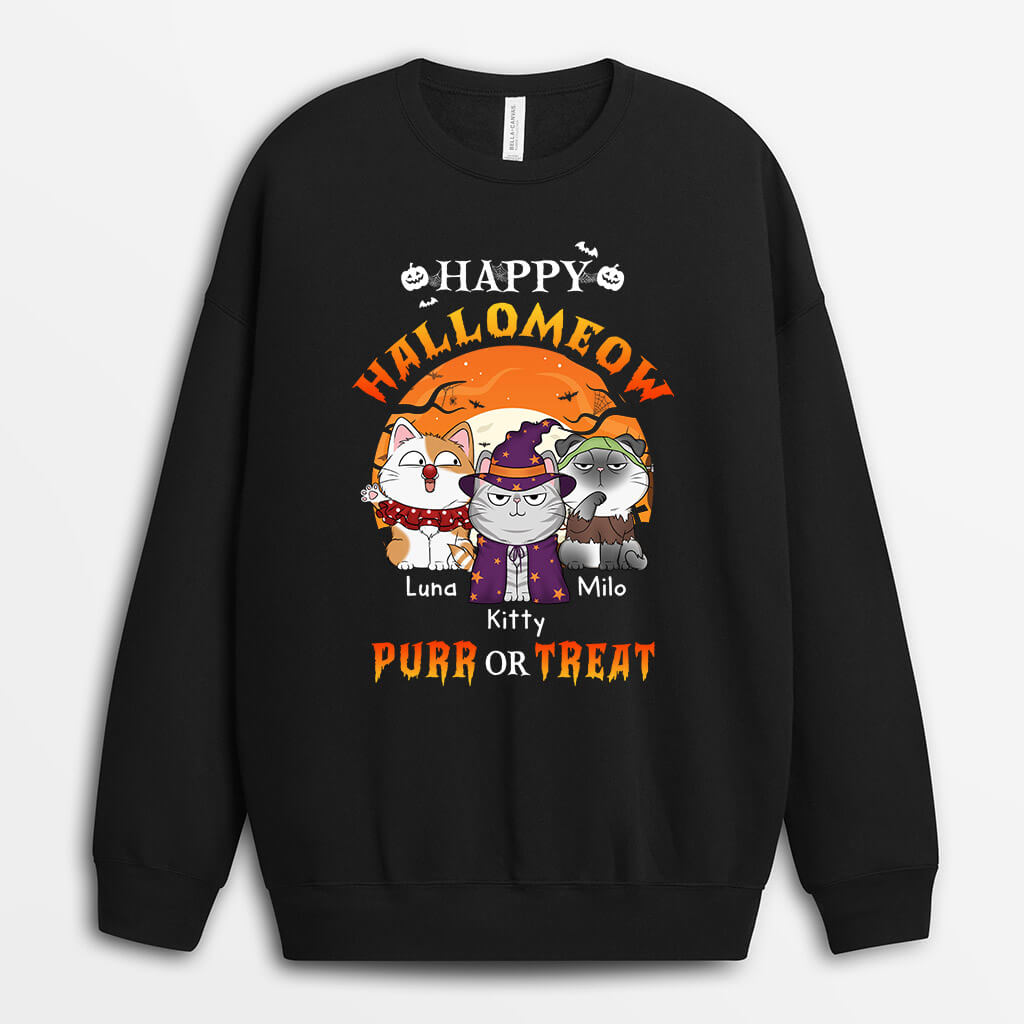 1302WUS1 personalized happy hallomeow purr or treat sweatshirt