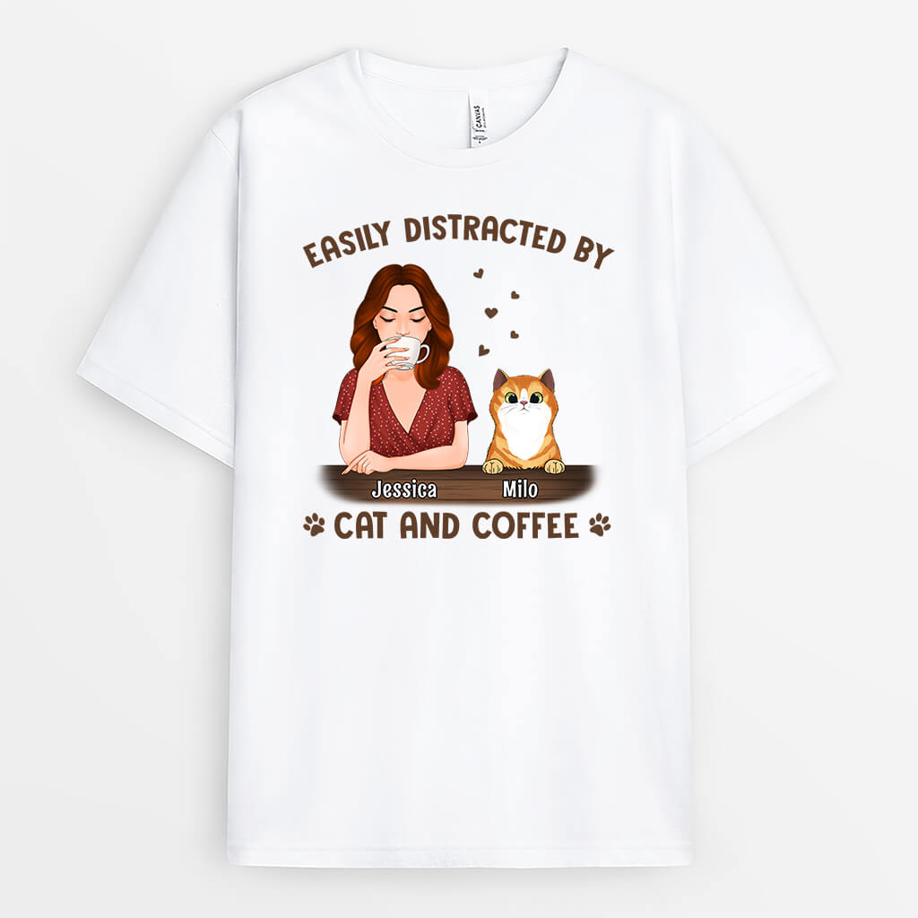 1306AUS1 personalized easily distracted by coffee and cat t shirt