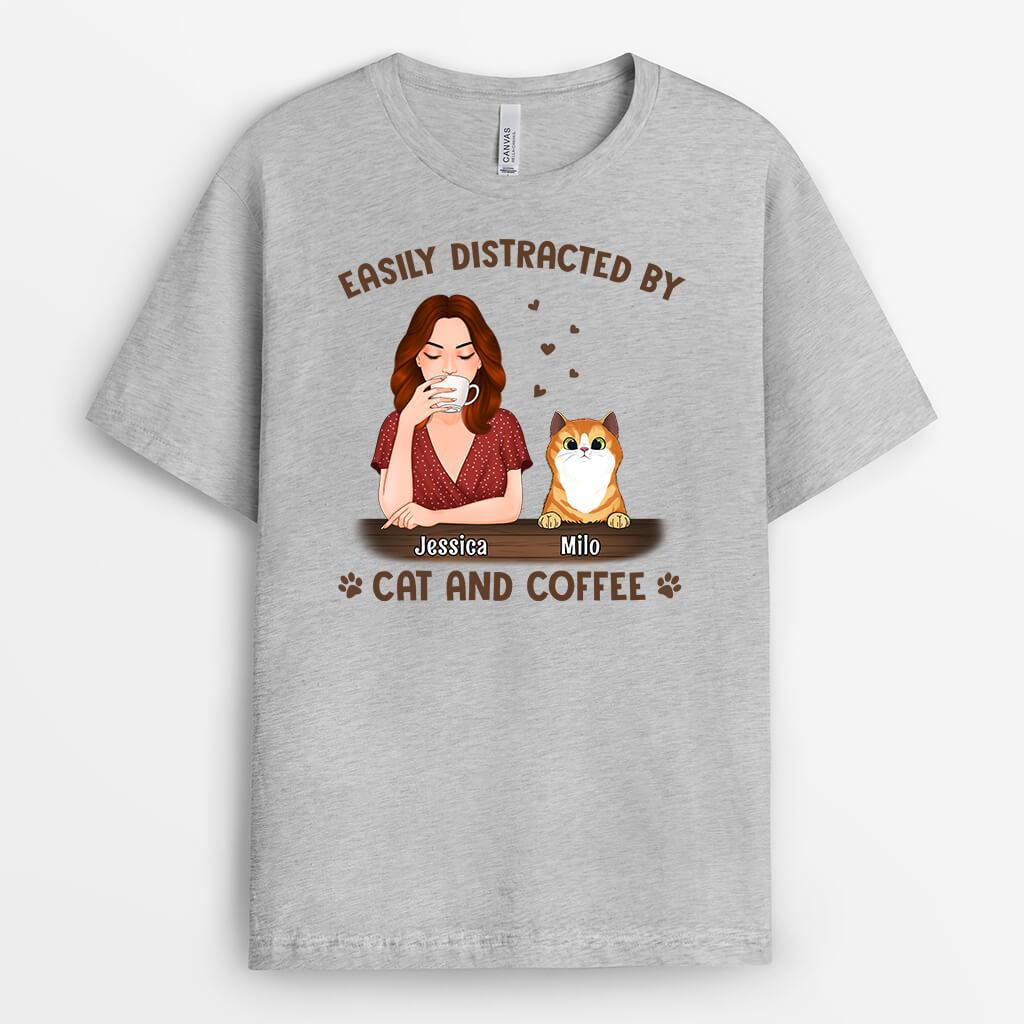 1306AUS2 personalized easily distracted by coffee and cat t shirt