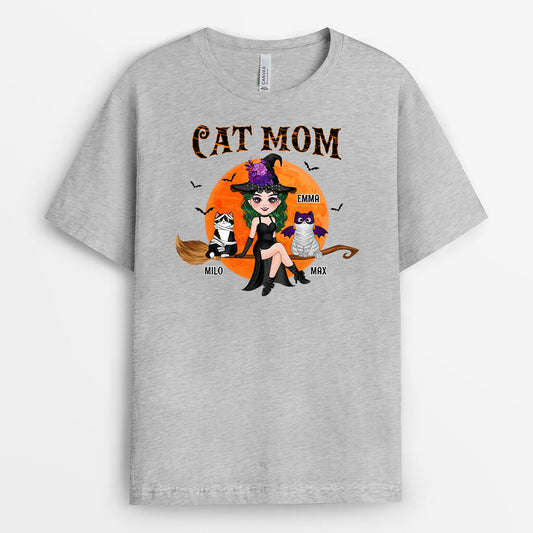1310AUS2 personalized cute cat mom with broom t shirt