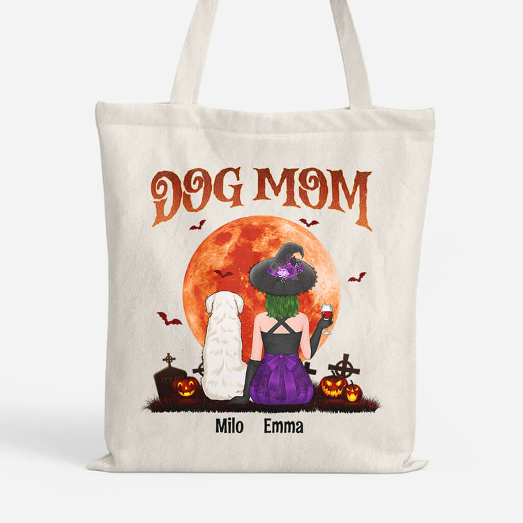 Personalized Halloween Dog Mom Red Moon Tote Bag
