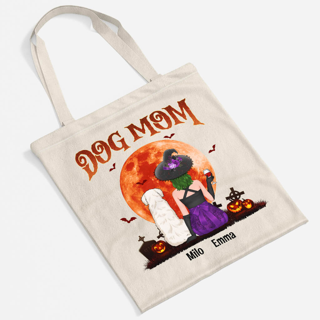 1322BUS2 personalized halloween dog mom red moon tote bag