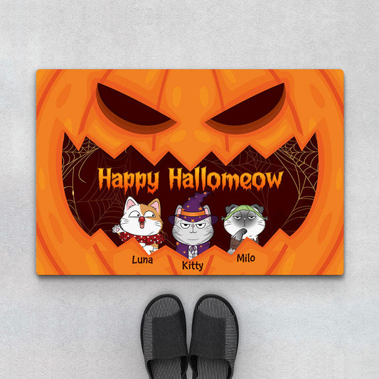 1325DUS1 personalized happy hallomeow purr or treat door mat