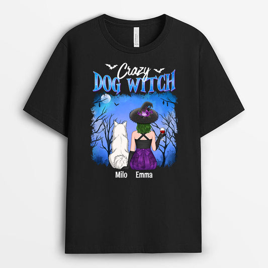 1339AUS1 personalized crazy dog witch sitting on broom t shirt