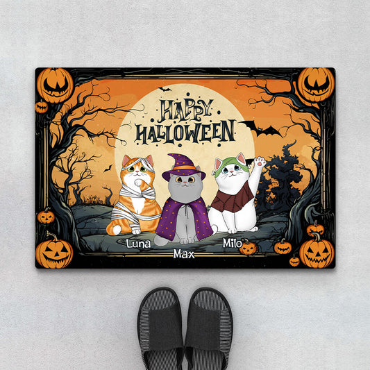 1353DUS1 personalized happy halloween with little cats door mat