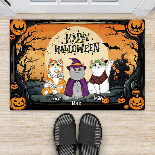 1353DUS2 personalized happy halloween with little cats door mat