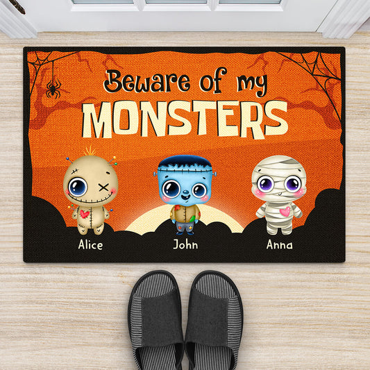 1355DUS2 personalized beware of my grandkid monsters door mat