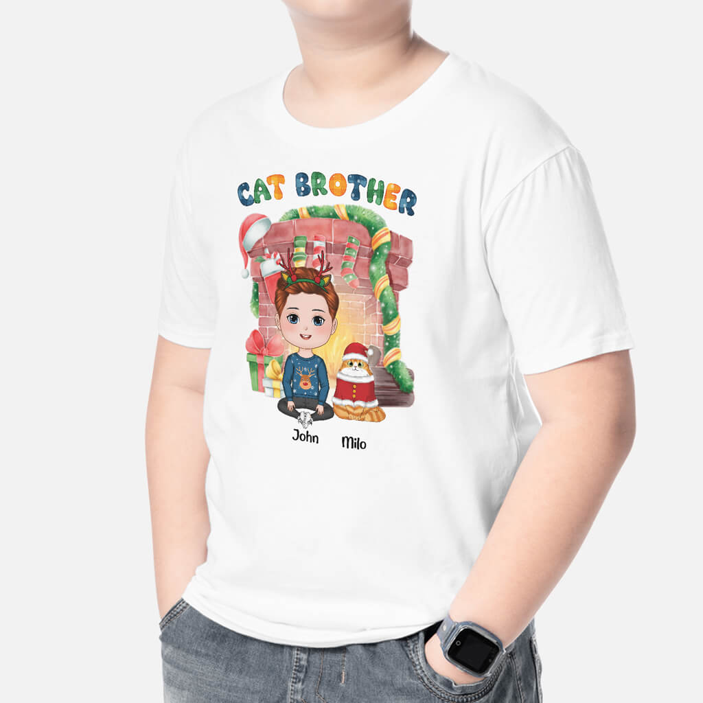 1363AUS2 personalized cat brother christmas kid t shirt