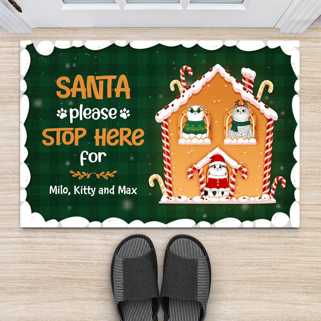 1373DUS2 personalized santa please stop here for cats doormat