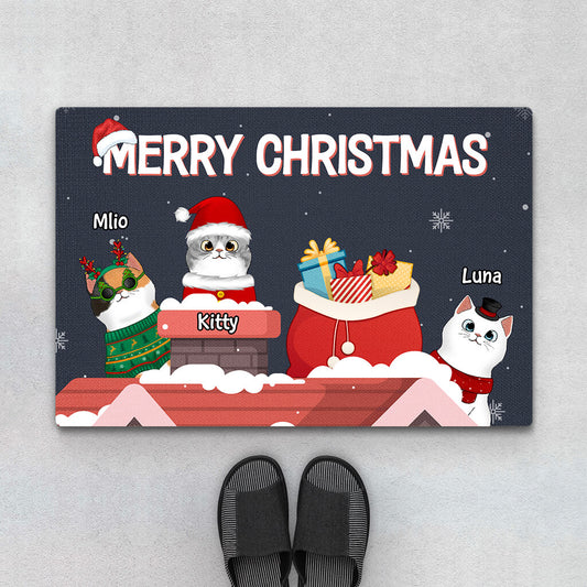 1394DUS1 personalized merry christmas cat door mat