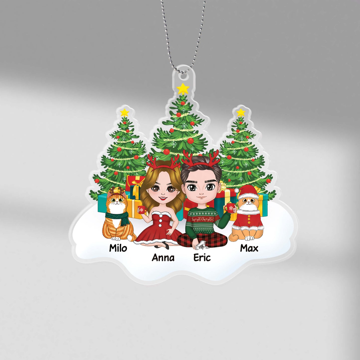 1406OUS1 personalized couple and cats sitting on snow christmas tree ornament