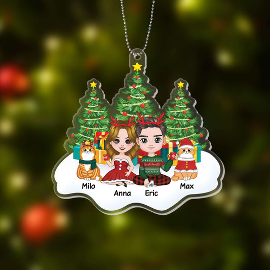 1406OUS2 personalized couple and cats sitting on snow christmas tree ornament