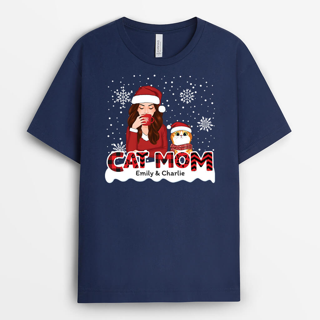 1408AUS1 personalized cat mom red patterned christmas t shirt