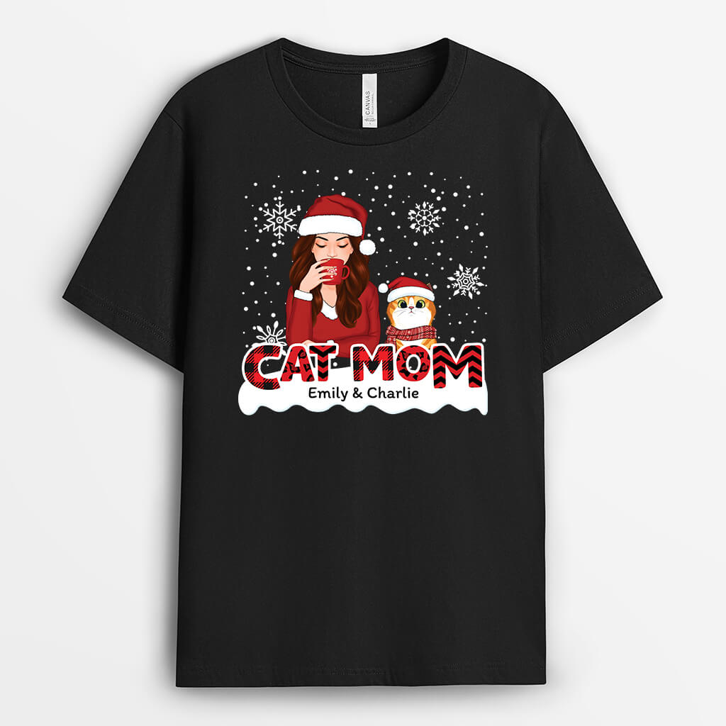 1408AUS2 personalized cat mom red patterned christmas t shirt