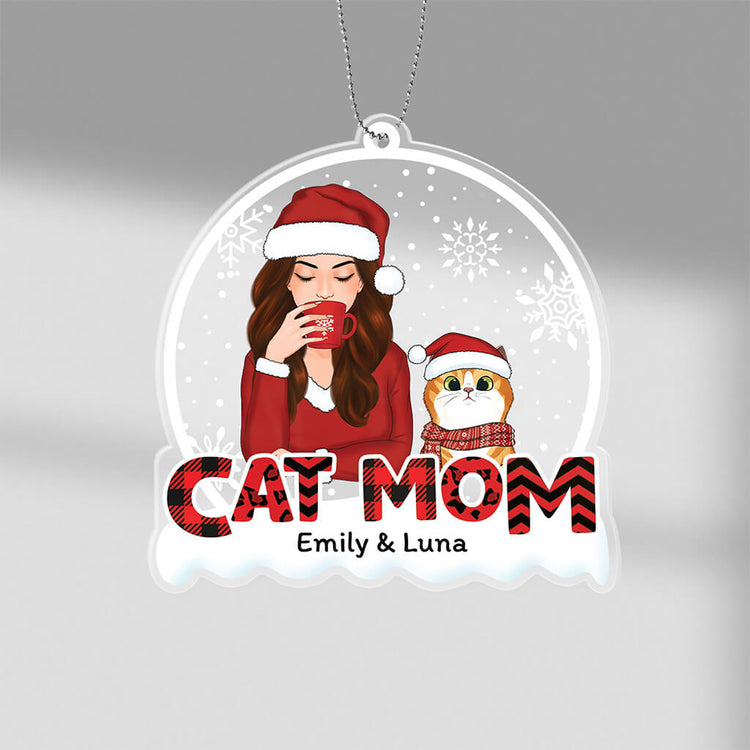 Personalized Cat Mom Red Patterned Christmas Ornament