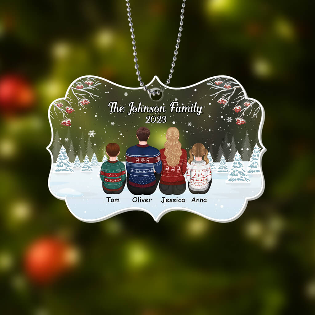 1412OUS2 personalized family back view in snow ornament